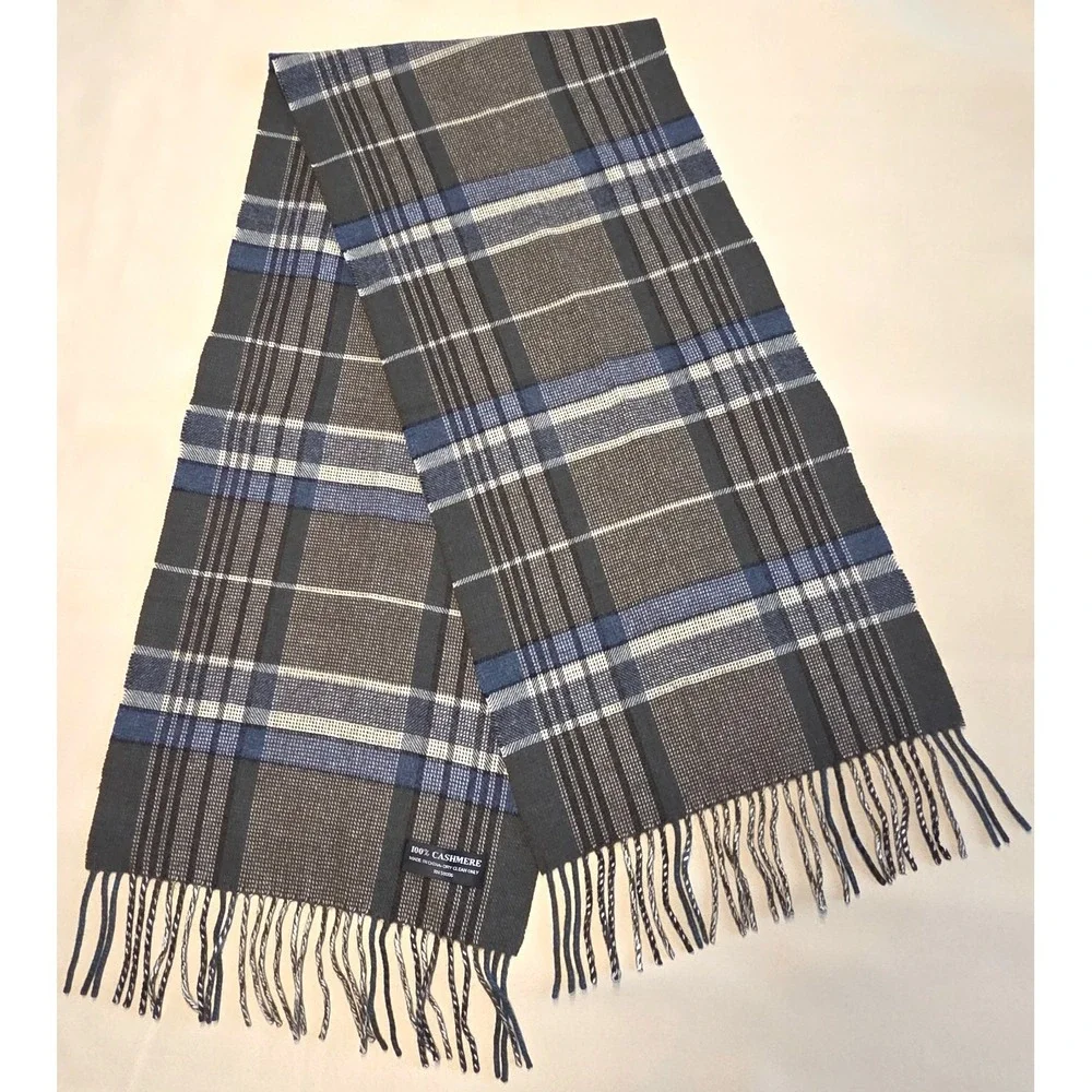 Unbranded 100% Cashmere Scarf Plaid Blue Gray Green‎ Tartan Fringe 57